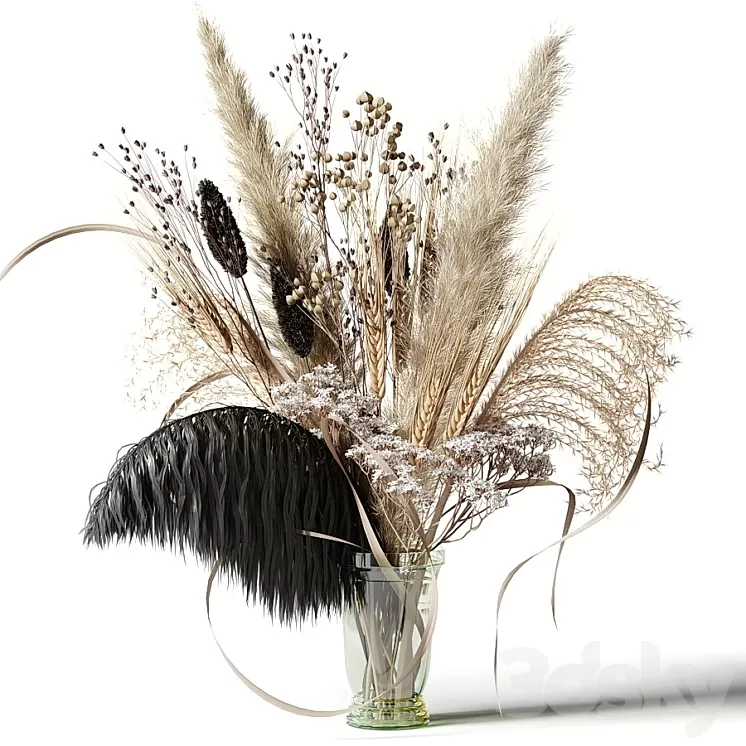 Bouquet of dried flowers with a black feather in a glass vase 3D Model