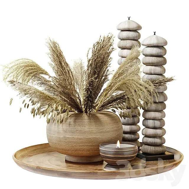 Bouquet of dry grass in a clay vase 3D Model