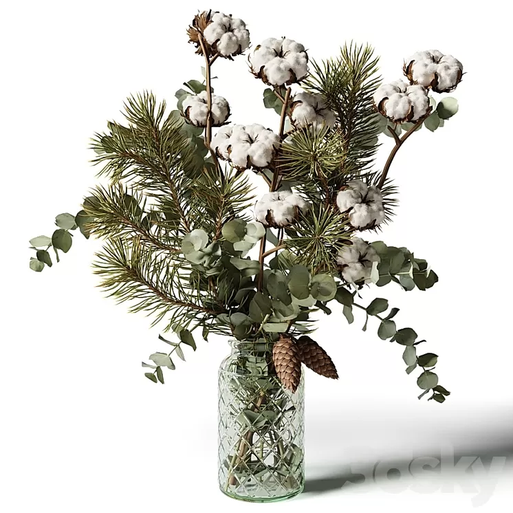 Bouquet of eucalyptus pine and cotton in a glass vase 3D Model