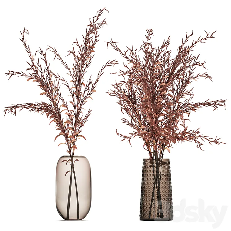 Bouquet of red branches of dried flowers in a glass vase with Goldenrod Solidago. Set 153. 3D Model Free Download
