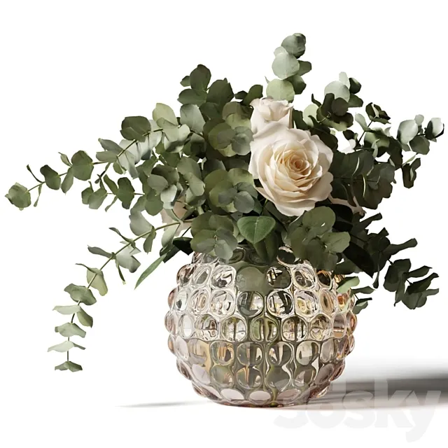 Bouquet of roses and eucalyptus in a glass pimpled vase 3D Model Bouquet of roses and eucalyptus in a glass pimpled vase 3D Model