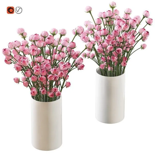 Bouquet of small pink bush roses in a white vase 3D Model Bouquet of small pink bush roses in a white vase 3D Model