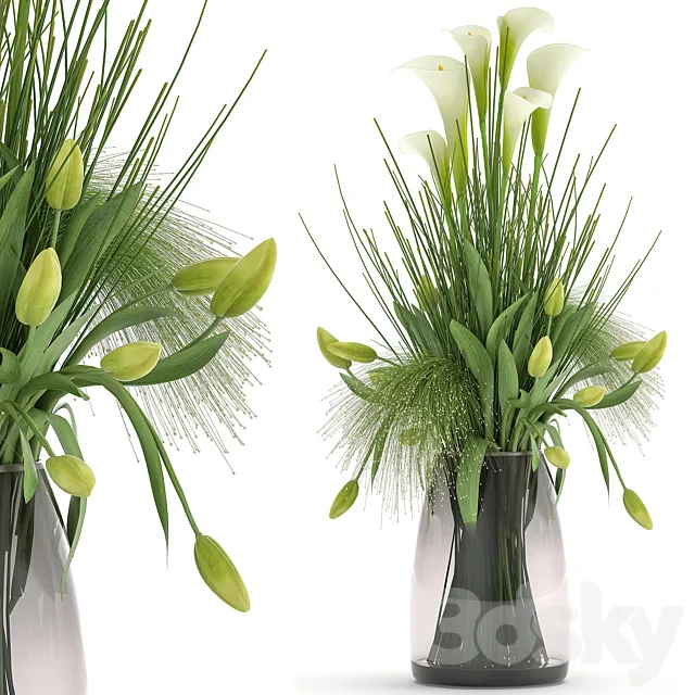 Bouquet of spring green flowers in a glass vase with a tulip Calla. 115. 3D Model Bouquet of spring green flowers in a glass vase with a tulip Calla. 115. 3D Model
