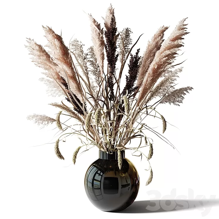 Bouquet of tall dry grass in a black vase 3D Model