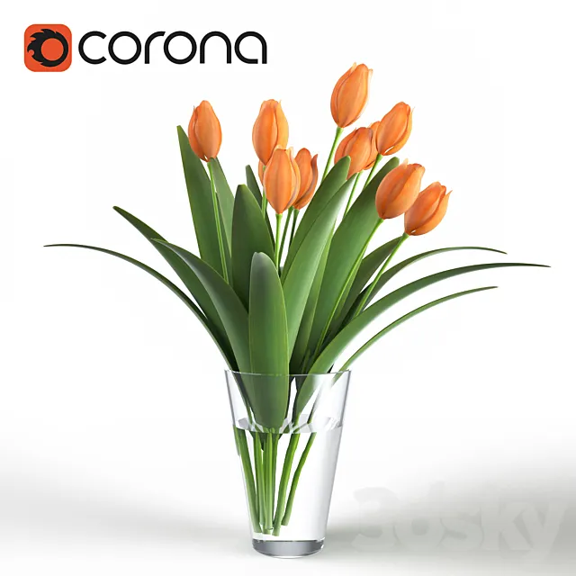 Bouquet of tulips in a glass vase 3D Model
