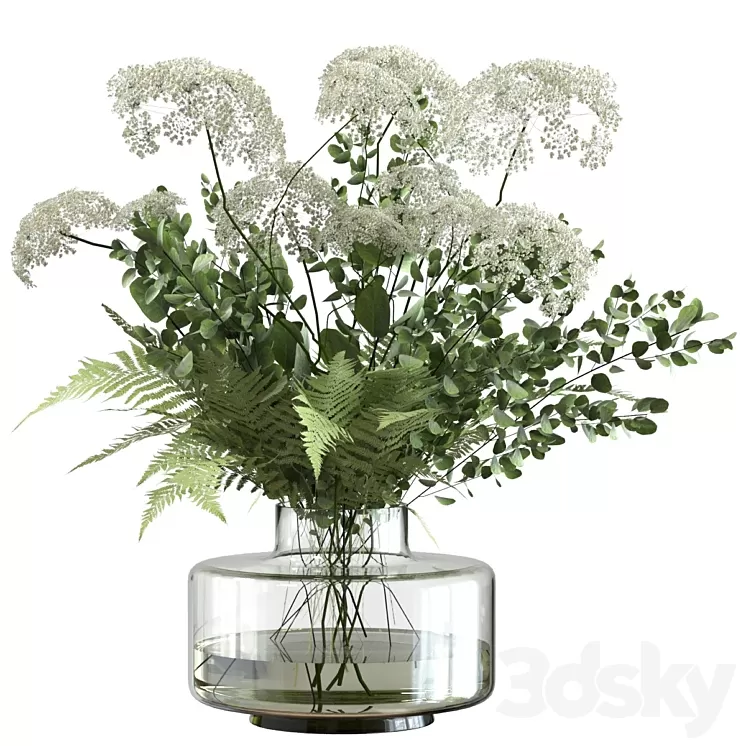 Bouquet of umbrella flowers with greenery and fern 3D Model Free Download