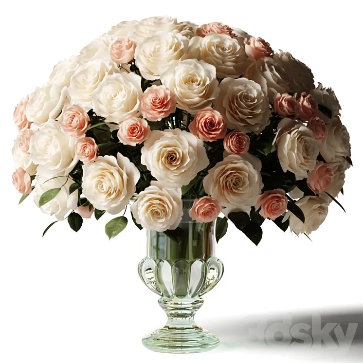 Bouquet of white and pink roses in a glass classic vase 3D Model Free Download Bouquet of white and pink roses in a glass classic vase 3D Model Free Download