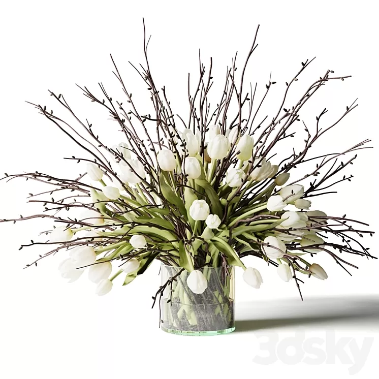 Bouquet of white tulips and branches in a glass vase 3D Model Free Download