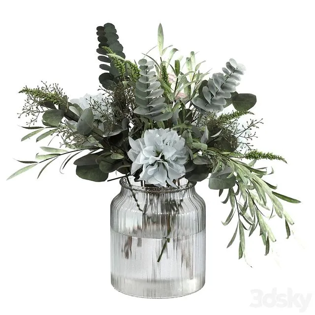 Bouquet plants glass organics flower olive vase 3D Model