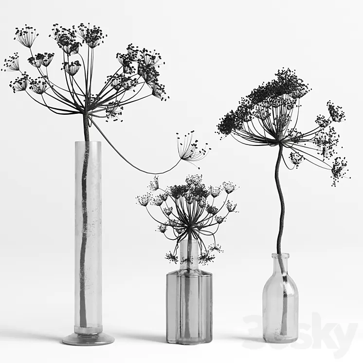 Bouquet Set 01 Vase Glass Dry Hogweed 3D Model