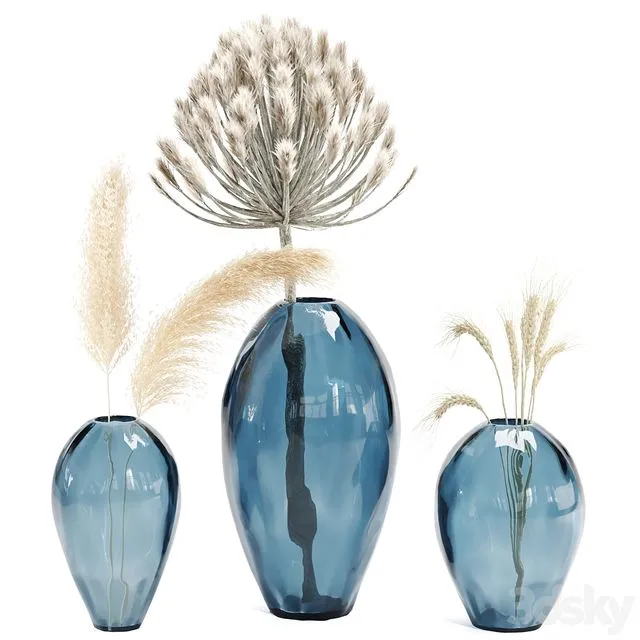 Bouquet vase glass organics pampas dried flowers 3D Model