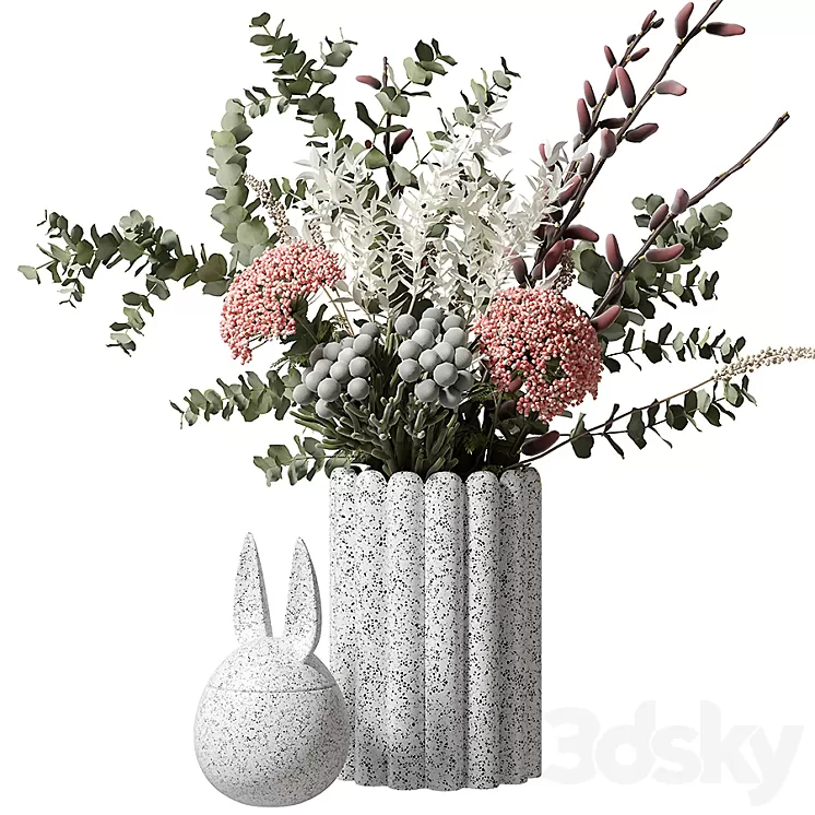 Bouquet with eucalyptus and flowers in a white vase 3D Model