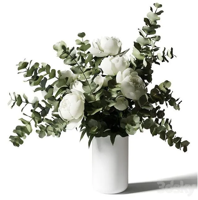 Bouquet with eucalyptus and peonies in a white vase 3D Model