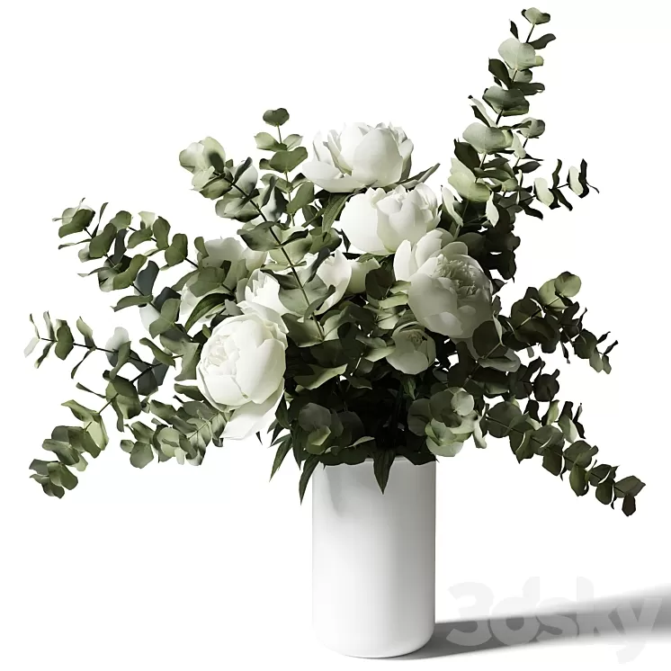 Bouquet with eucalyptus and peonies in a white vase 3D Model