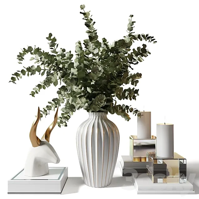 Bouquet with eucalyptus in an elegant white vase with stripes 3DModel Bouquet with eucalyptus in an elegant white vase with stripes 3DModel