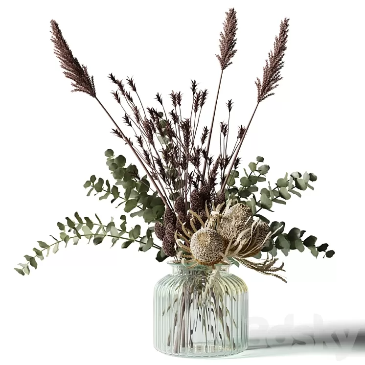Bouquet with tall grass eucalyptus and bankxias in a ribbed glass vase 3D Model Free Download