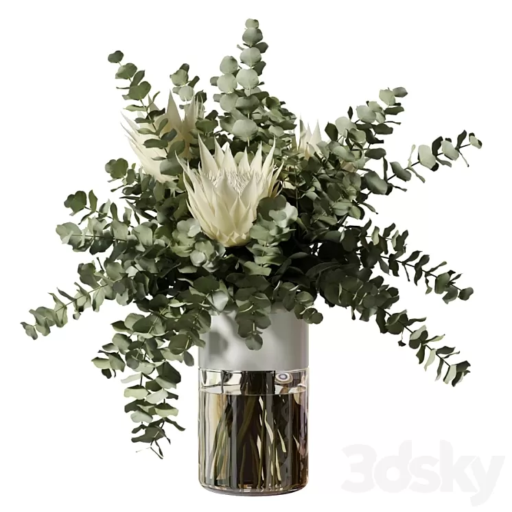 Bouquet with three white proteas and eucalyptus branches in a glass vase 3D Model