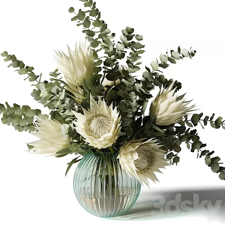 Bouquet with white proteas and eucalyptus in a ribbed glass vase 3D Model Free Download