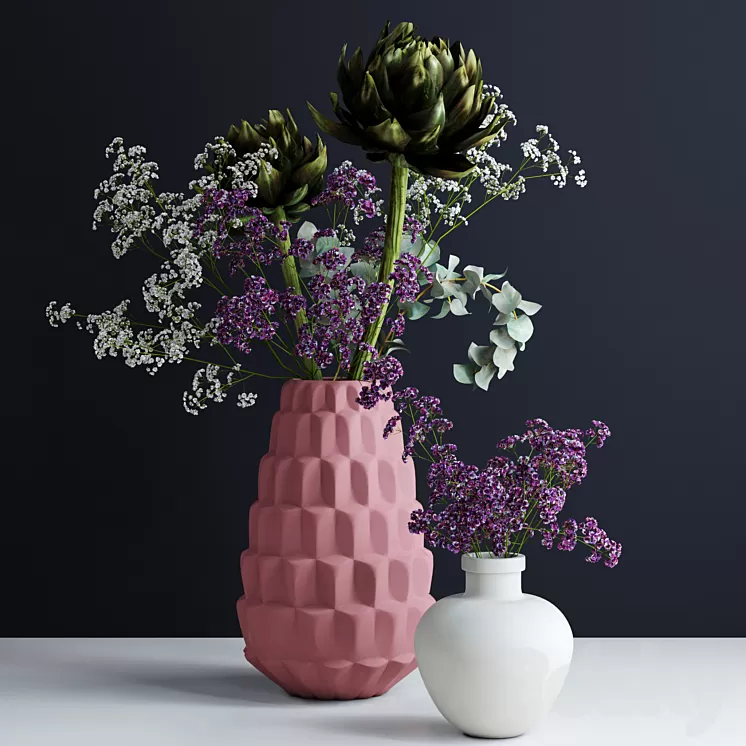 Bouquets in pink and white vases 3D Model