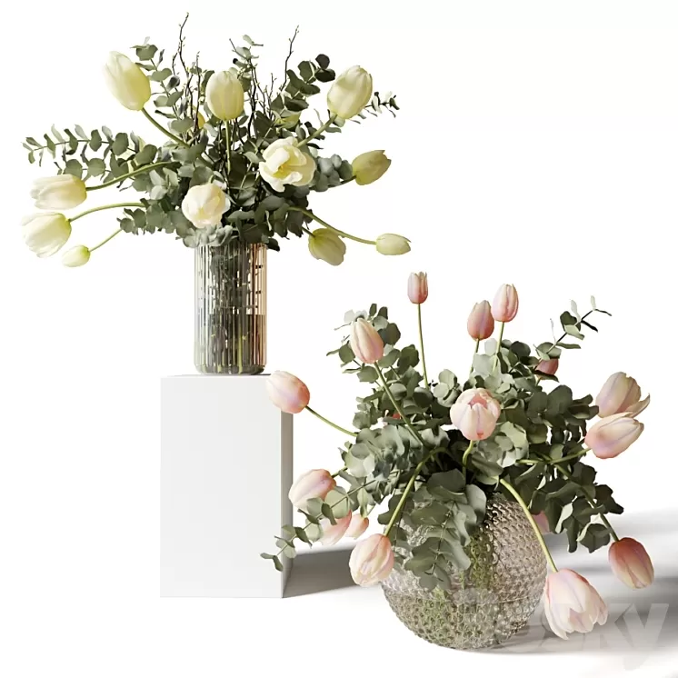 Bouquets of eucalyptus and tulips in glass vases 3D Model Free Download Bouquets of eucalyptus and tulips in glass vases 3D Model Free Download