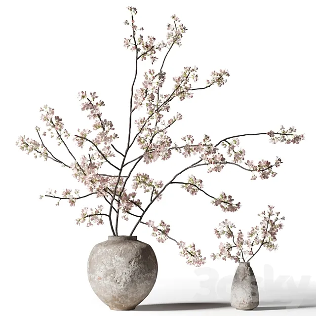 Branch with flowers in a clay vase 3D Model