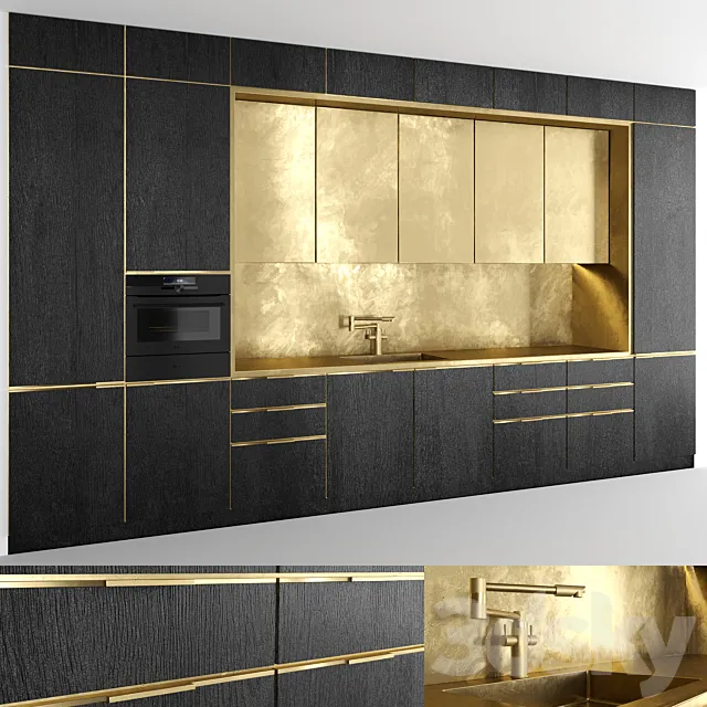 Brass black wood kitchen 3D Model Brass black wood kitchen 3D Model