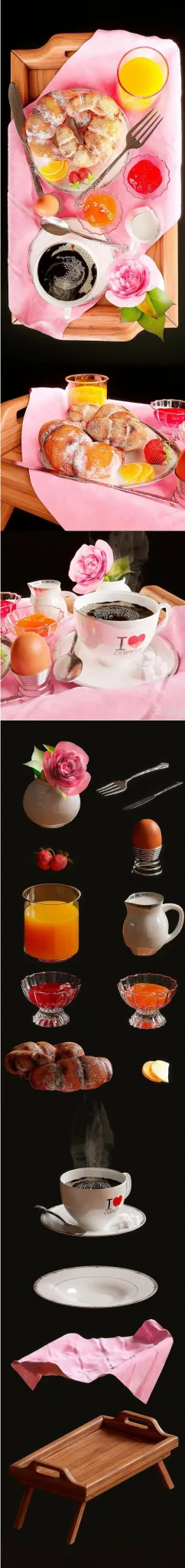 Breakfast with coffee and rose 3D Model
