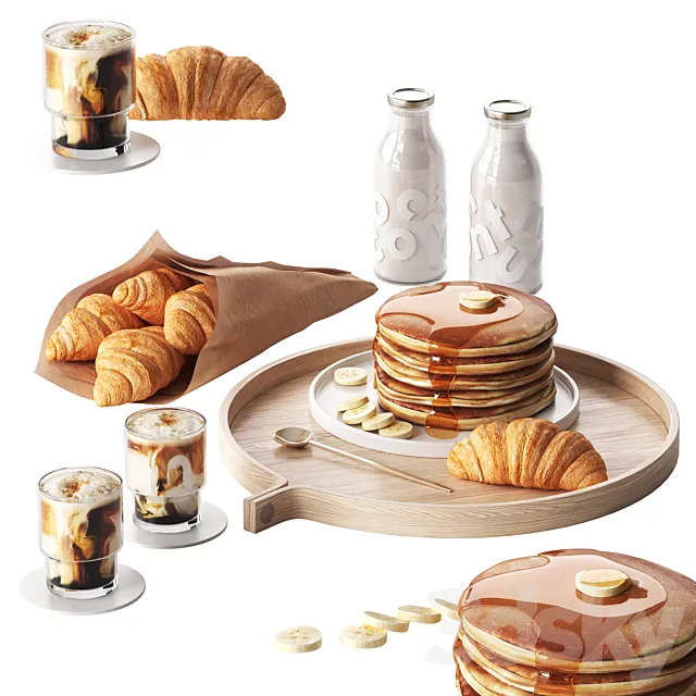 Breakfast with pancakes and croissants with coffee 3D Model
