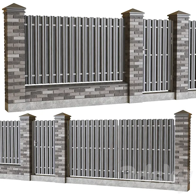 Brick fence with euro picket fence 3D Model Brick fence with euro picket fence 3D Model
