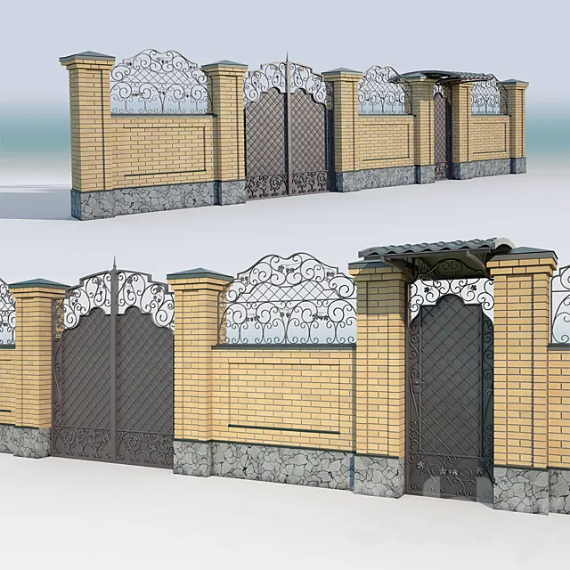 Brick fence_forging gate 3DModel Brick fence_forging gate 3DModel