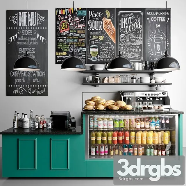 British style cafe with coffee machine and crockery. showcase with juices 3D Model Download