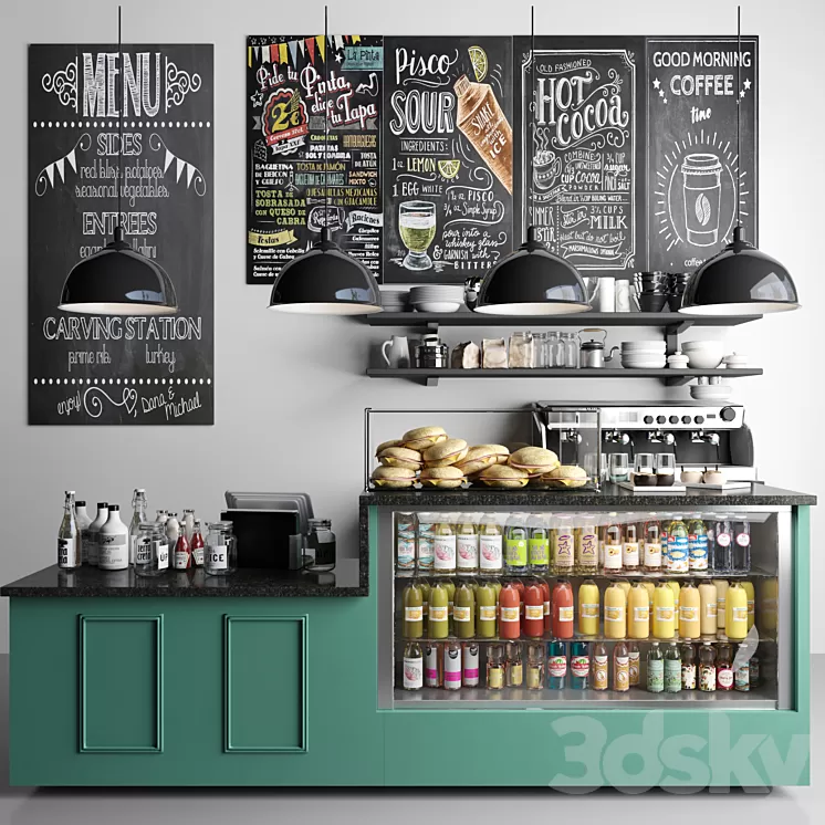 British style cafe with coffee machine and crockery. Showcase with juices 3D Model