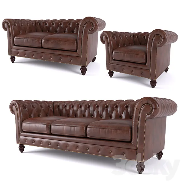 Brooklyn Chesterfield Leather Sofa and Loveseat and Armchair 3D Model Brooklyn Chesterfield Leather Sofa and Loveseat and Armchair 3D Model