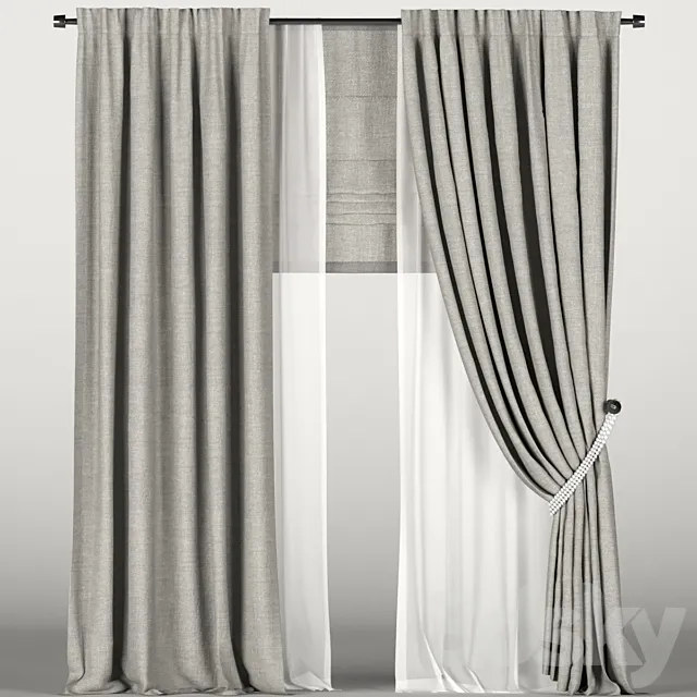 Brown curtains in the background with tulle and a Roman curtain. 3D Model Brown curtains in the background with tulle and a Roman curtain. 3D Model