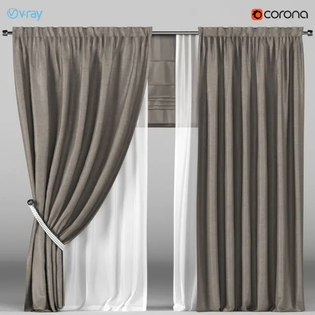 Brown curtains in the background with white tulle + Roman blinds 3D Model Brown curtains in the background with white tulle + Roman blinds 3D Model