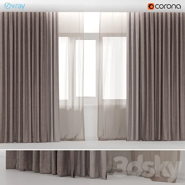 Brown curtains in two colors with brown tulle. 3D Model Brown curtains in two colors with brown tulle. 3D Model