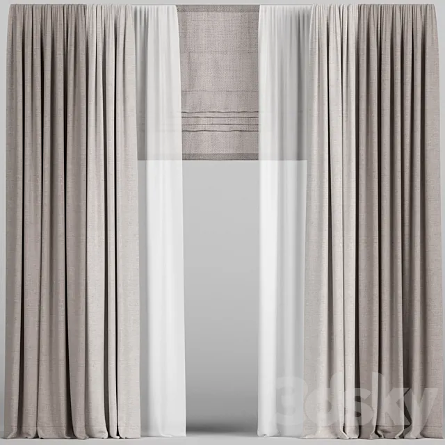 Brown curtains in two colors with tulle and roman. 3D Model Brown curtains in two colors with tulle and roman. 3D Model