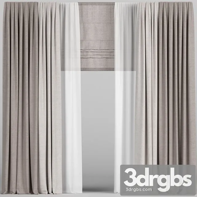 Brown Curtains In Two Colors With Tulle And Roman 3D Model Download