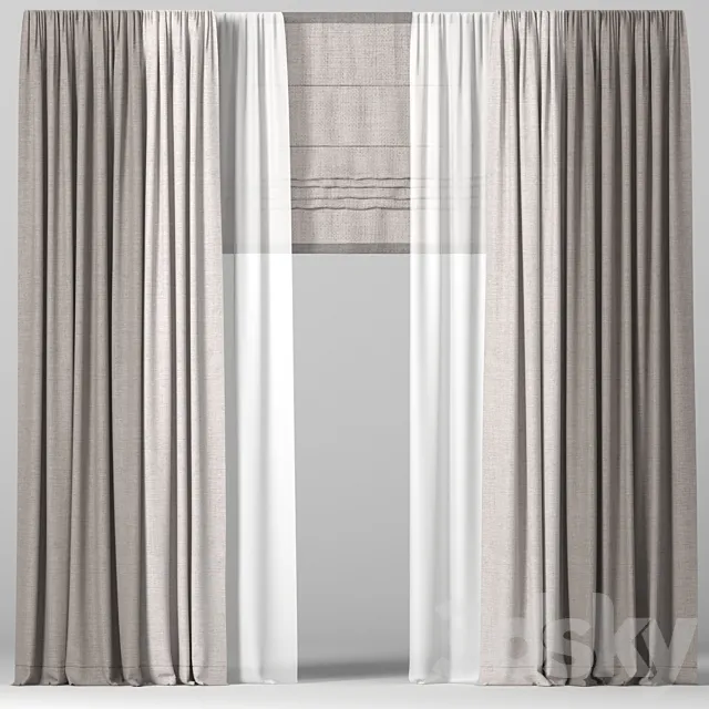 Brown curtains in two colors with tulle and Roman. 3D Model Brown curtains in two colors with tulle and Roman. 3D Model