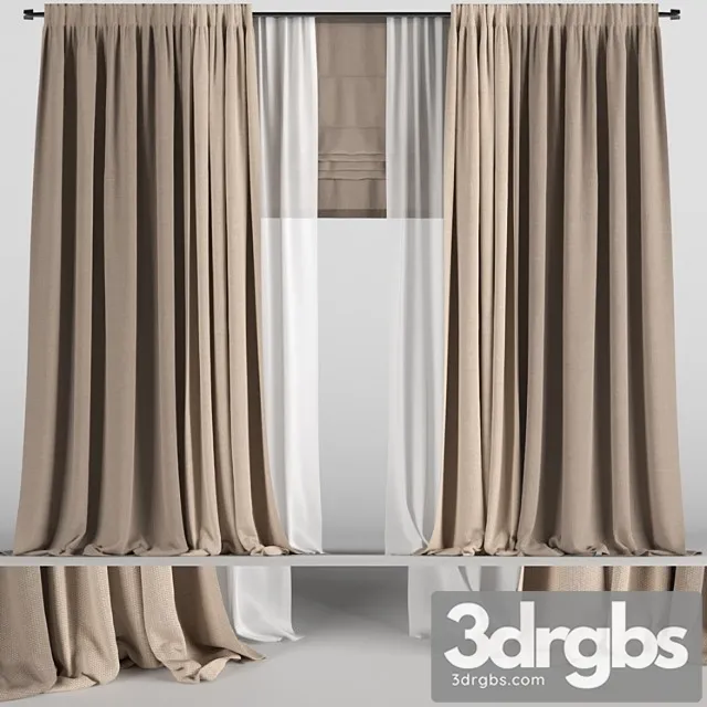 Brown curtains in two colors with tulle and roman blinds. 3D Model Download