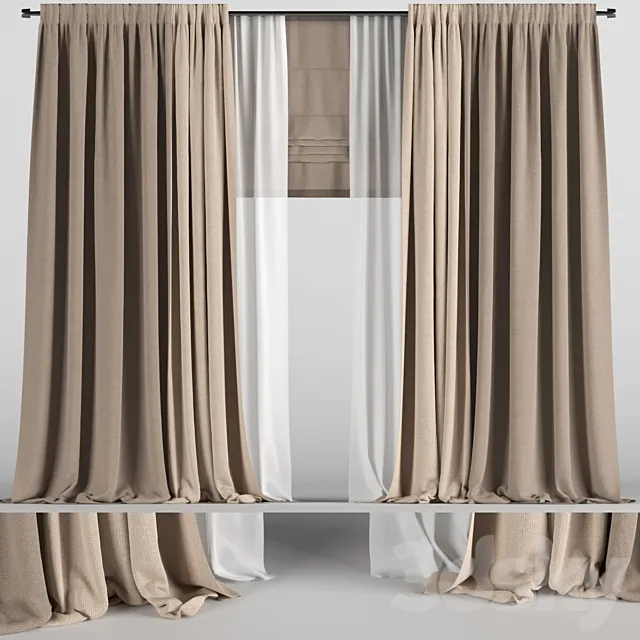 Brown curtains in two colors with tulle and roman blinds. 3D Model Brown curtains in two colors with tulle and roman blinds. 3D Model