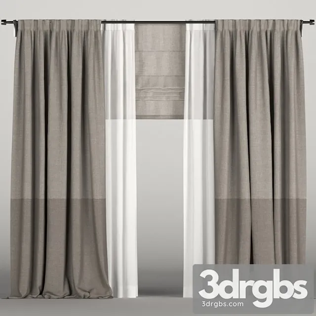 Brown curtains in two shades with roman blinds and tulle. 3D Model Download