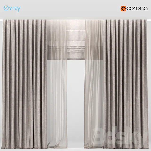 Brown curtains with brown tulle + Roman blinds. 3D Model Brown curtains with brown tulle + Roman blinds. 3D Model