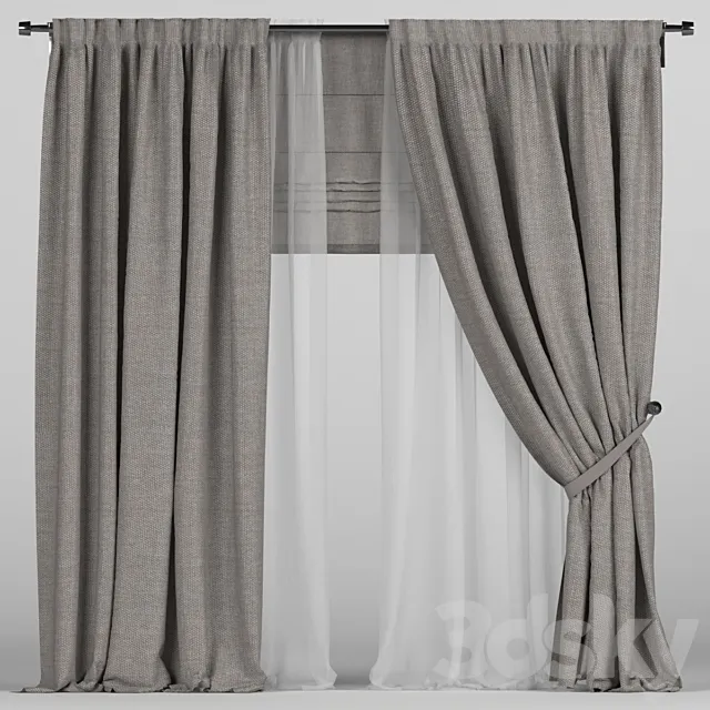 Brown curtains with tulle. 3D Model Brown curtains with tulle. 3D Model