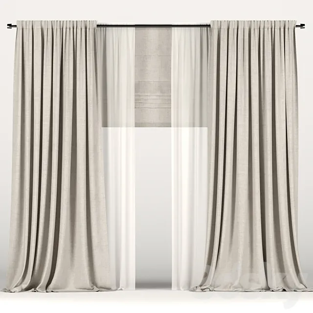 Brown curtains with tulle and a roman curtain 3D Model Brown curtains with tulle and a roman curtain 3D Model