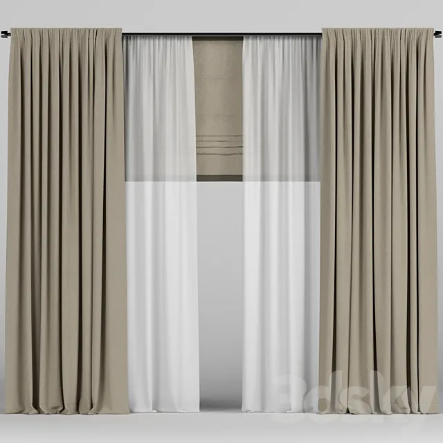 Brown curtains with tulle and roman. 3D Model Brown curtains with tulle and roman. 3D Model