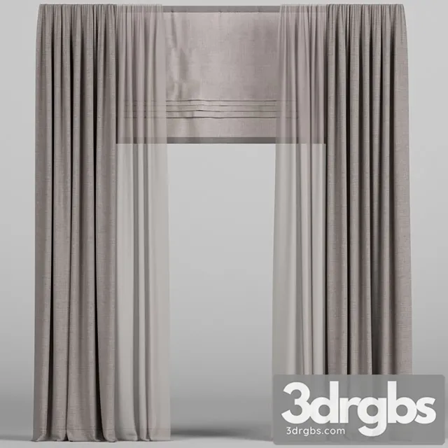 Brown Curtains With Tulle and Roman Shades 3D Model Download