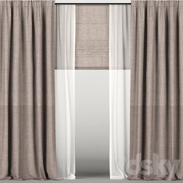 Brown curtains with tulle + Roman blinds. 3DModel Brown curtains with tulle + Roman blinds. 3DModel