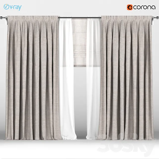 Brown curtains with white tulle + Roman blinds. 3DModel Brown curtains with white tulle + Roman blinds. 3DModel