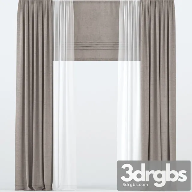 Brown straight curtains with tulle and roman. 3D Model Download